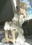  barefoot bed blonde_hair brown_eyes dress feet hair_ribbon indoors kasugano_sora mizuki_makoto ribbon solo stuffed_animal stuffed_bunny stuffed_toy window yosuga_no_sora 