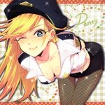  arms_behind_back bad_id bad_pixiv_id bent_over blonde_hair blue_eyes breasts cleavage downblouse fishnet_pantyhose fishnets long_hair medium_breasts one_eye_closed panty_&amp;_stocking_with_garterbelt panty_(psg) pantyhose pencil_skirt police police_uniform rioka skirt smile solo uniform 
