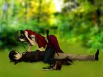  1girl big_bad_wolf_(grimm) black_hair couple girl_on_top grass green_hair grimm's_fairy_tales gun hand_on_own_stomach hetero high_heels little_red_riding_hood little_red_riding_hood_(grimm) lying on_back personification shoes torihara_shuu weapon 
