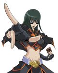  1girl black_hair black_sclera blue_eyes cape card carly_nagisa corruption dark_persona evil green_hair highres midriff playing_card straight_hair tattoo yu-gi-oh! yu-gi-oh_5ds yuu-gi-ou_(card) yuu-gi-ou_5d's 