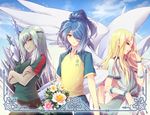  afuro_terumi androgynous blonde_hair blue_hair clothes_writing eyepatch flower hair_over_one_eye inazuma_eleven inazuma_eleven_(series) kazemaru_ichirouta long_hair male_focus multiple_boys multiple_wings ponytail raglan_sleeves raimon raimon_soccer_uniform sakuma_jirou sash seraph smile soccer_uniform sportswear teikoku tunic white_hair wings yeruen zeus_(inazuma_eleven) 