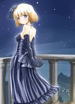  back bag balcony bare_shoulders blonde_hair blue_eyes cecilia_glinda_miles dress elbow_gloves flower formal gloves gown hair_flower hair_ornament handbag highres looking_back night night_sky railing short_hair sky star_(sky) starry_sky vt world_witches_series 