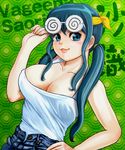  @_@ adjusting_eyewear blue_eyes blue_hair breasts cleavage coke-bottle_glasses denim glasses hand_on_hip headband jeans large_breasts lips makishima_saori ore_no_imouto_ga_konna_ni_kawaii_wake_ga_nai pants solo twintails yamasan_(hachiman) 