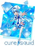  :d artist_request blue blue_background blue_eyes blue_hair blue_skirt cosplay crossover cure_marine cure_marine_(cosplay) english heart heartcatch_precure! highres ikamusume long_hair look-alike looking_at_viewer looking_back magical_girl mosaic_background no_choker open_mouth precure shinryaku!_ikamusume skirt smile solo source_request spread_fingers thighhighs v-shaped_eyebrows white_legwear zettai_ryouiki 