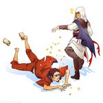  assassin's_creed_(series) assassin's_creed_ii bad_id bad_pixiv_id brown_hair cape crossover ezio_auditore_da_firenze geta gintama hasegawa_taizou hood kia_(ruruten) male_focus money multiple_boys sunglasses vambraces white_background 