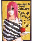  apple arrow bad_id bad_pixiv_id casual cross english eyelashes eyepatch food fruit holding holding_food holding_fruit jewelry kazari_tayu lips marker_(medium) naruto naruto_(series) navel necklace off_shoulder plate ring solo striped tattoo tayuya traditional_media 