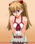  :o bangs bare_shoulders birthday_cake blue_eyes blush body_blush bow breast_squeeze breasts cake candle chemise cleavage collarbone embarrassed evangelion:_2.0_you_can_(not)_advance fire flame flying_sweatdrops food fruit gradient gradient_background hair_ornament lace light_brown_hair lingerie long_hair medium_breasts neon_genesis_evangelion open_mouth orange_background raised_eyebrows rebuild_of_evangelion red_bow shadow shikinami_asuka_langley solo souryuu_asuka_langley straight_hair strawberry table underwear underwear_only v_arms 