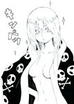  :&lt; alternate_hair_color blanket breasts censored convenient_censoring eyelashes hand_on_hip komori_kiri long_hair naked_sheet navel nude sayonara_zetsubou_sensei shanghai_man simple_background skull skull_and_crossbones small_breasts solo sparkle standing text_focus 