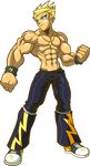  1boy abs aqua_eyes blonde_hair chest full_body jewelry lighting_bolt lightning_bolt lowres male male_focus muscle necklace pecs solo topless wristband 