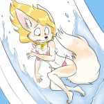  blush canid canine clothing embarrassed female fennec fox jonas mammal penny_fenmore swimsuit torn_clothing water water_slide 