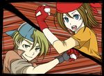  1boy 1girl artist_request bandana bandanna blonde_hair blue_eyes brown_hair chelsea_(harvest_moon) female green_eyes harvest_moon male mark_(harvest_moon) parody poke_ball pokeball pokemon 