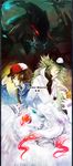  baseball_cap brown_eyes brown_hair gen_5_pokemon green_eyes green_hair hat long_hair lyoko_(kaffy) multiple_boys n_(pokemon) pokemon pokemon_(creature) pokemon_(game) pokemon_bw reshiram touya_(pokemon) zekrom 