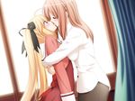  age_difference blonde_hair blue_eyes blush brown_hair closed_eyes french_kiss game_cg hair_ornament hair_ribbon hairclip houraisen_runa hug kiss long_hair multiple_girls peko profile ribbon school_uniform sono_hanabira_ni_kuchizuke_wo st._michael's_school_uniform suminoe_takako surprise_kiss surprised window yuri 