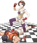  1girl blue_eyes bob_cut breasts brown_hair cleavage dougi femdom fingerless_gloves flexing gloves headband highres medium_breasts muscle one_eye_closed ponytail pose robert_garcia ryuuko_no_ken shoes short_hair sneakers takoyaki_neko-san the_king_of_fighters thighhighs yuri_sakazaki zettai_ryouiki 