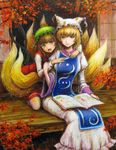  animal_ears autumn blonde_hair book brown_eyes brown_hair cat_ears cat_tail chen earrings fang fox_tail hat hug hug_from_behind jewelry md5_mismatch multiple_girls multiple_tails oil_painting_(medium) open_book porch sitting tafuto tail touhou traditional_media veranda yakumo_ran yellow_eyes 