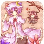  alternate_hair_length alternate_hairstyle bad_id bad_pixiv_id bat_wings book bow capelet chibi crescent head_wings heart koakuma kureha_goya long_hair multiple_girls patchouli_knowledge purple_eyes purple_hair red_hair short_hair smile touhou wings 