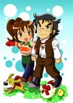  1boy 1girl age_difference artist_request bird black_hair brown_eyes brown_hair carter_(forget-me-not_valley)_(harvest_moon) chick chicken dog eyebrows female glasses harvest_moon jill_(harvest_moon) male ponytail thick_eyebrows walking 