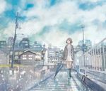  boots brown_hair building cityscape closed_umbrella cloud coat day house jacket open_clothes open_coat original power_lines railing rain rubber_boots scenery short_hair sidewalk skirt sky solo sparkle umbrella walking white_skirt yuuko_(nora0x0) 