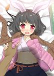  animal_ears black_hair blush bunny_ears carrot child coat grey_hair highres imminent_rape inaba_tewi jewelry navel niji_sugi open_clothes open_coat pendant pov scarf skindentation solo_focus sports_bra tears touhou 