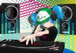  alternate_costume baseball_cap blue_eyes blue_hair contemporary foreshortening hair_bobbles hair_ornament hands hat headphones kawashiro_nitori phonograph record short_hair solo sora_(dankesehr) speaker spectrum_analyzer touhou turntable twintails 