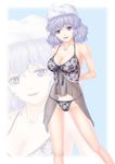  absurdres babydoll bare_shoulders black_panties blue_eyes breasts cleavage hat highres jewelry large_breasts lavender_hair letty_whiterock lingerie navel nazal necklace negligee panties see-through short_hair solo touhou underwear underwear_only zoom_layer 