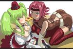  2girls all_fours blue_eyes blush breasts c.c. cc choker cleavage code_geass dress female food green_hair hat headband kallen_stadtfeld long_hair looking_up mouth_hold multiple_girls pizza red_hair sexually_suggestive sitting solo tashiromotoi thighhighs twintails yellow_eyes 