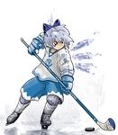  1girl alternate_costume cirno clothes_writing dandy hockey_puck hockey_stick hockey_sweater ice_hockey ice_skates jersey skates skating solo sportswear touhou 