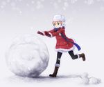  blonde_hair boots coat fur_boots gloves green_eyes hat highres original pantyhose running scarf snow snowball snowflakes snowman solo ugg_boots un 