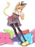  animal_ears bare_shoulders blonde_hair blue_eyes bow cat_ears cat_tail chemise dress hair_bow hair_ornament hairclip highres kagamine_rin open_mouth panties pantyshot pillow see-through short_dress slippers solo soono_(rlagpfl) tail thighhighs underwear vocaloid 
