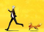  animal bad_id bad_pixiv_id chasing clothed_animal fox grey_eyes grey_hair kitsune_(persona_4) looking_back looking_up male_focus narukami_yuu persona persona_4 running scar school_uniform simple_background smile tail yamada_maya_(yamada83) 