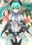  acrylic_paint_(medium) aqua_eyes aqua_hair bad_id bad_pixiv_id belt bridal_gauntlets elbow_gloves fingerless_gloves floating_hair floral_background flower gloves hatsune_miku hatsune_miku_(append) isegawa_yasutaka lily_(flower) lips long_hair looking_at_viewer navel open_mouth smile solo traditional_media very_long_hair vocaloid vocaloid_append 