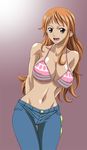  :d alternate_hairstyle areolae arms_behind_back bangs bikini_top breasts cleavage covered_nipples denim highres jeans jpeg_artifacts large_breasts leaning long_hair lowleg midriff nami_(one_piece) narrow_waist navel nel-zel_formula one_piece open_mouth orange_hair pants pink_eyes shiny shiny_skin simple_background smile solo standing thigh_gap underboob wide_hips 