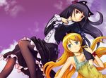  animal_ears aqua_eyes armpits bare_shoulders black_hair black_legwear blush cloud dress flower gokou_ruri gothic_lolita hair_ornament hairband hairclip kousaka_kirino lolita_fashion long_hair multiple_girls orange_hair ore_no_imouto_ga_konna_ni_kawaii_wake_ga_nai pantyhose purple_flower purple_rose rose slandeer 