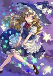  ama-tou blonde_hair bobby_socks bow bowtie braid broom broom_riding brown_eyes buttons faux_traditional_media flying hat highres kirisame_marisa light_smile long_hair looking_at_viewer mary_janes shoes sitting sky socks solo star touhou v_arms witch_hat yellow_eyes 