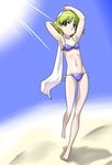  barefoot bikini blonde_hair breasts cleavage green_eyes iwatobi_hiro light_rays mizuhashi_parsee navel pointy_ears scarf side-tie_bikini small_breasts solo sunbeam sunlight swimsuit touhou 