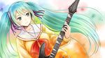  aqua_eyes aqua_hair blush gradient_hair guitar hatsune_miku highres instrument long_hair multicolored_hair school_uniform serafuku smile solo very_long_hair vocaloid wallpaper yakusa 