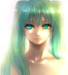  aqua_eyes bad_id bad_pixiv_id bonnou-s-rice collarbone face glowing glowing_eyes green_eyes green_hair hatsune_miku lips long_hair simple_background solo twintails upper_body vocaloid 