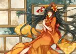  asahikawa_hiyori black_hair floating_hair flower hair_flower hair_ornament japanese_clothes kimono long_hair orange_eyes original solo very_long_hair 