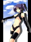  bad_id bad_pixiv_id blue_hair elbow_gloves fingerless_gloves gloves isis_eaglet lyrical_nanoha mahou_senki_lyrical_nanoha_force midriff navel sakazaki_akira shadow solo yellow_eyes 