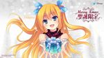  aizawa_hikaru bare_shoulders blonde_hair blue_eyes bow gift hair_bow highres holding holding_gift long_hair microsoft open_mouth os-tan outstretched_arms ribbon silverlight snowflakes solo upper_body 