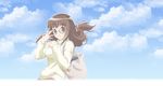  artist_request bag book brown_hair cloud day glasses hair_ornament kimura_mitsuki long_hair megane_na_kanojo sky solo sweater yellow_eyes 