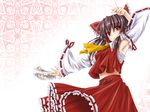  armpits between_fingers brown_hair detached_sleeves hakurei_reimu holding_needle needle negamaro ofuda red_eyes ribbon solo throwing_needles touhou 