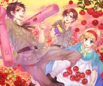  ahoge axis_powers_hetalia belgium_(hetalia) blonde_hair brown_hair green_eyes gun hairband happy multiple_boys short_hair southern_italy_(hetalia) spain_(hetalia) uniform weapon yamyom 