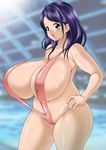  aqua_eyes blue_hair blush breasts cameltoe curvy female gigantic_breasts hand_on_hip highres hips huge_breasts indoors long_hair open_mouth plump sling_bikini solo swimsuit tetsujinex thick_thighs thighs wet wide_hips 