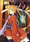  black_legwear blonde_hair cage cape creature expressionless flat_chest hair_bobbles hair_ornament highres japanese_clothes kimono lantern light momiji_(poko) original poco_(asahi_age) red_eyes scan short_kimono solo thighhighs twintails wings zettai_ryouiki 