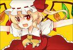  blonde_hair fang flandre_scarlet hat izumi_minami open_mouth outstretched_arms pointy_ears red_eyes short_hair smile solo spread_arms touhou wings 
