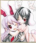  :3 animal_ears bad_id bad_pixiv_id black_hair blazer bunny bunny_ears bunny_tail crescent dated fingernails hair_in_mouth hug hug_from_behind inaba inaba_tewi jacket long_hair mosho multiple_girls one_eye_closed pink_hair red_eyes reisen_udongein_inaba shikishi short_hair signature tail touhou traditional_media watercolor_(medium) wince |_| 