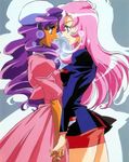  2girls blue_eyes dark_skin dress eye_contact green_eyes hand_holding hat himemiya_anthy long_hair looking_at_another multiple_girls official_art pink_hair purple_hair revolutionary_girl_utena school_uniform shoujo_kakumei_utena smile tenjou_utena very_long_hair yuri 