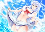  bikini breasts cloud day frilled_bikini frills front-tie_top highres kamishirasawa_keine large_breasts light_rays lips looking_at_viewer negamaro open_mouth revision sarong silver_hair skirt skirt_lift sky smile solo submerged sunbeam sunlight swimsuit touhou water yellow_eyes 