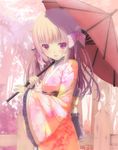  bangs blonde_hair blunt_bangs blush bow face fence hair_bow hands highres japanese_clothes kimono long_hair long_sleeves looking_at_viewer open_mouth oriental_umbrella original outdoors purple_eyes ribbon sidelocks smile solo spirtie umbrella wide_sleeves wooden_fence 